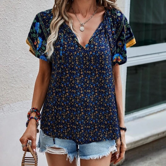 05 Boho floral Print Cottagecore blouse - Picture 2 of 11